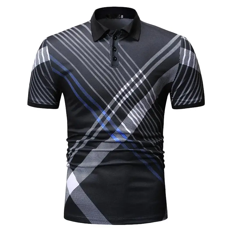 Fashion Lattice Plaid Men Polo Shirt Check Casual Tees Tops Men's Clothing Short sleeve Dark blue Black Мужская одежда
