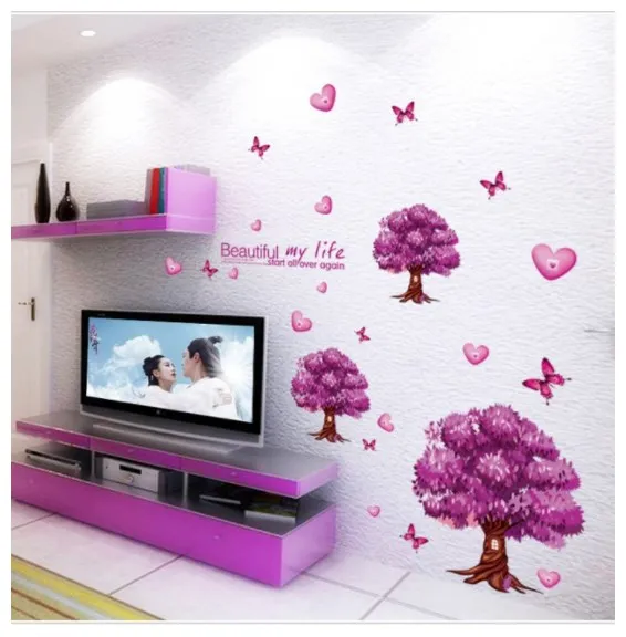 Фиолетовое дерево Любовь бабочка цветок Наклейка на стену для телевизора дивана