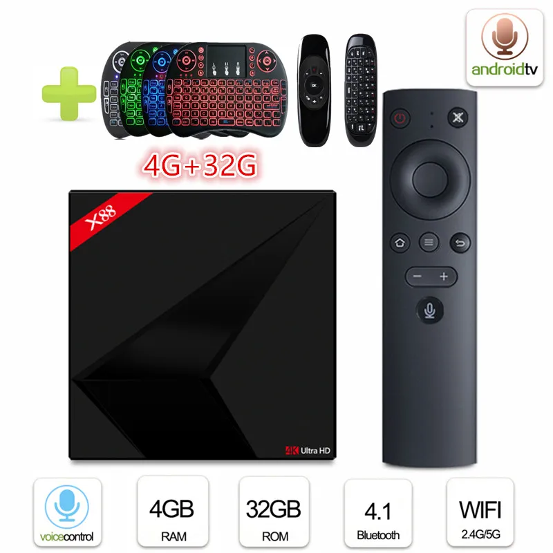 Haayot X88 Android 7,1 ТВ коробка 4 ядра RK3328 H.265, 4 Гб оперативной памяти, 32 Гб встроенной памяти, 2,4/Wi-Fi 5 ГГц двухъядерный процессор Wi-Fi 4 K HD Media Player голос Управление смарт-ТВ приставки