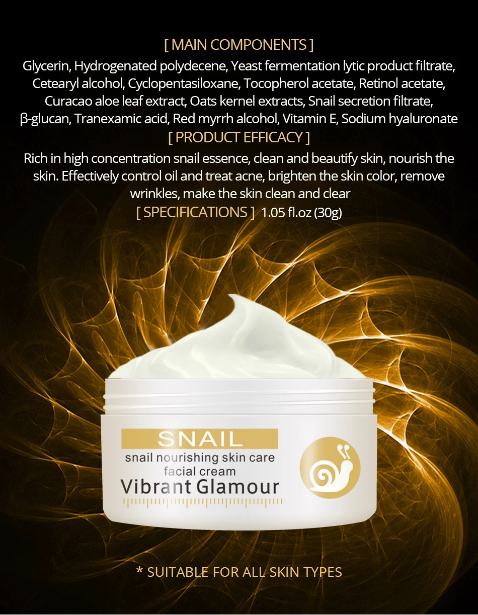 Яркий гламурный улиточный крем против морщин, против старения, увлажняющий, отбеливающий, сыворотка с гиалуроновой кислотой, Усадочные, для ухода за поры кожи, 30 мл