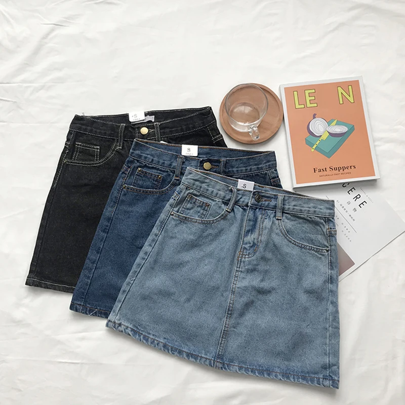 Женская джинсовая мини юбка универсальная трапециевидной формы с высокой талией