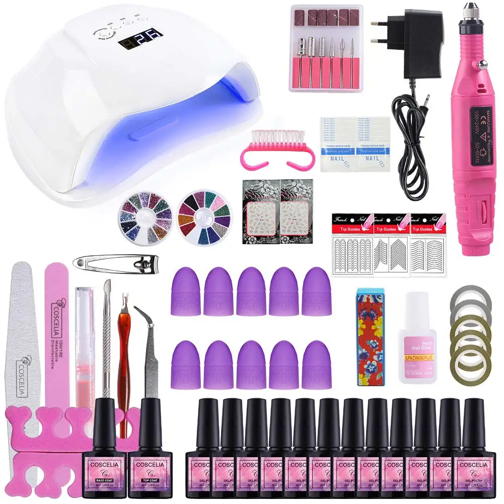 54W Nail Kit1 Маникюрный набор для домашнего использования, набор инструментов для дизайна ногтей с ручками, набор гелевых лаков для ногтей, УФ-светодиодная лампа, электрическая дрель для ногтей - Цвет: 54W Nail Kit1