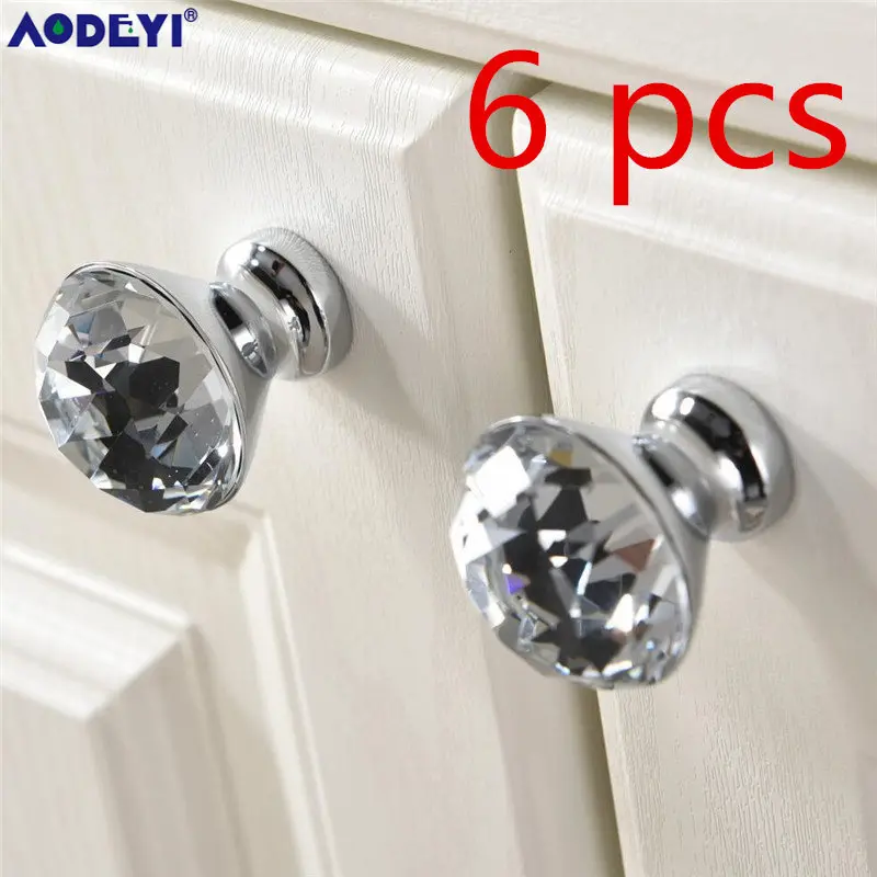 6 pcs Chrome Роскошные золотые чешские хрустальные круглые дверные ручки и ручки для шкафа мебель шкаф выдвижной ящик ручка - Цвет: 6 pcs Chrome