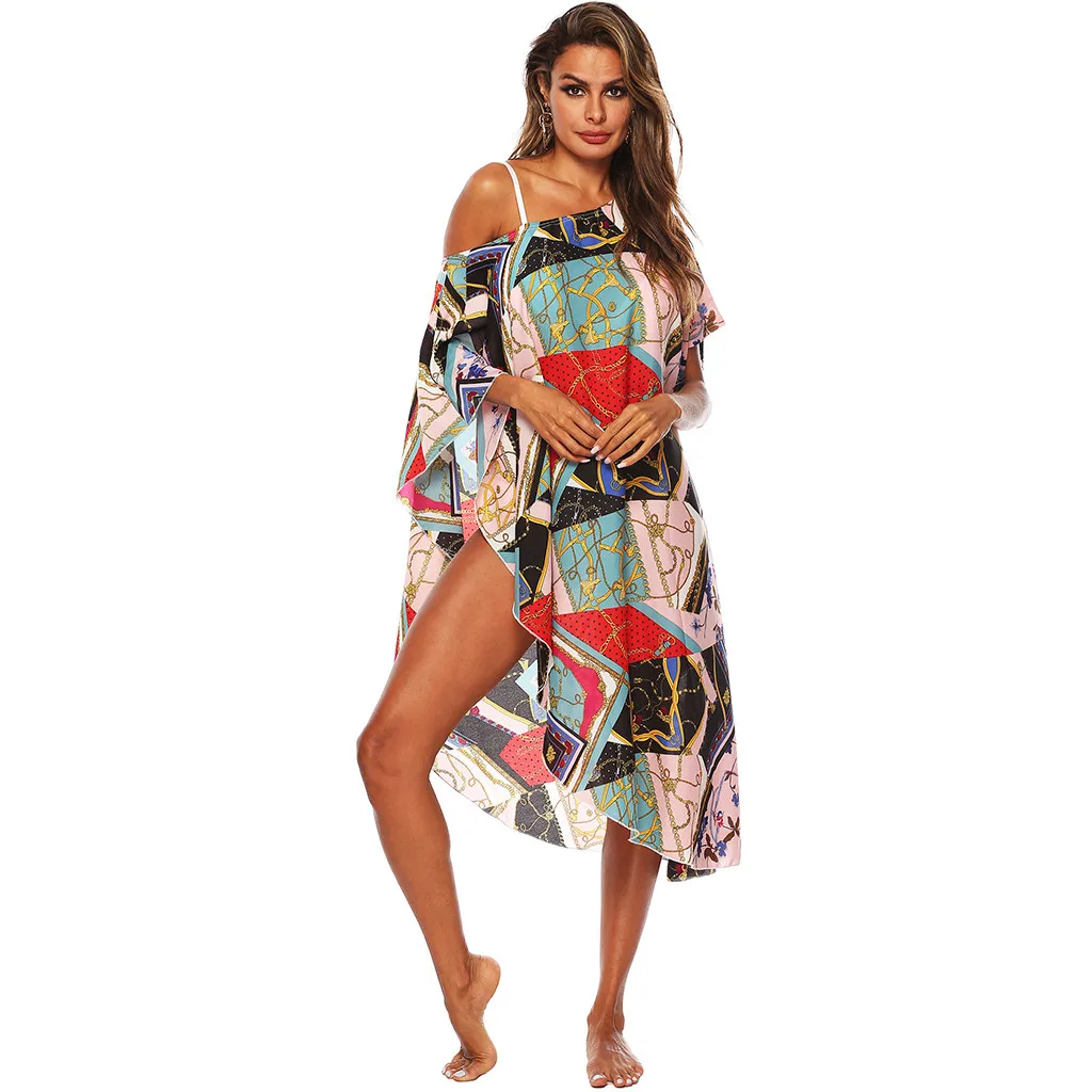 Womail Cover-Ups Women Sexy Off Shoulder Fashion Print Swimsuit Bikini Swimwear Dress Loose Short Sleeve swimwear W30418 | Женская