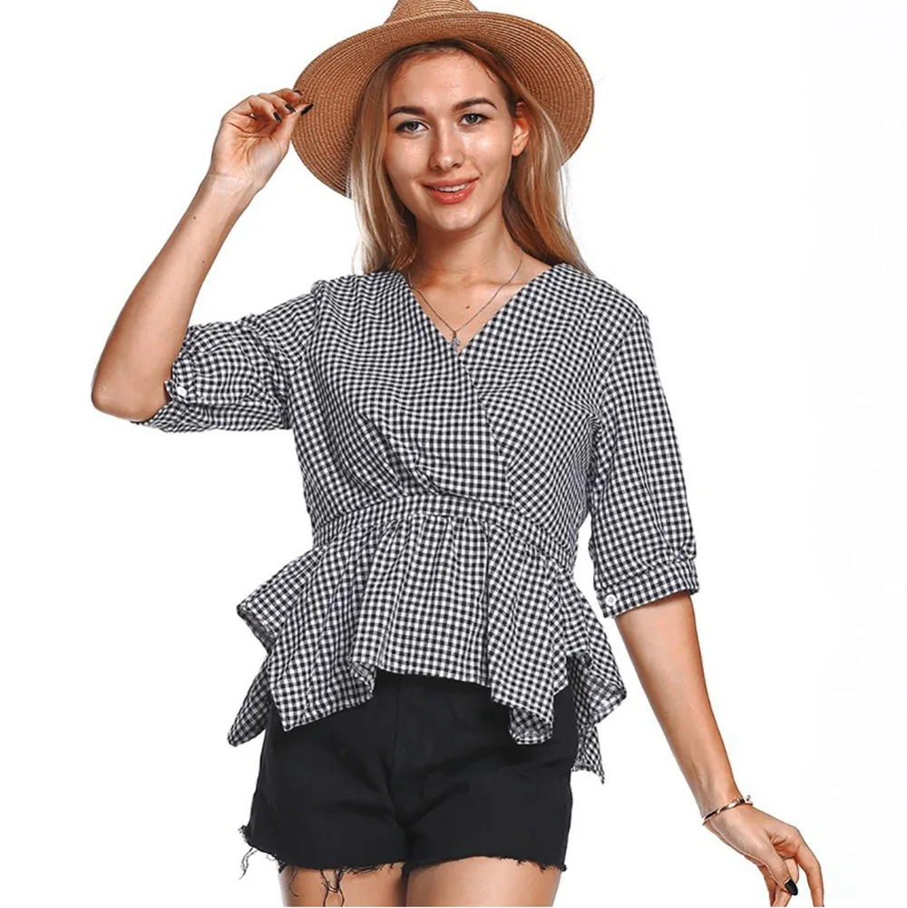 Roiii плед Топы 2018 новый летний Для женщин рубашки Половина рукавом Slim Fit Блузка