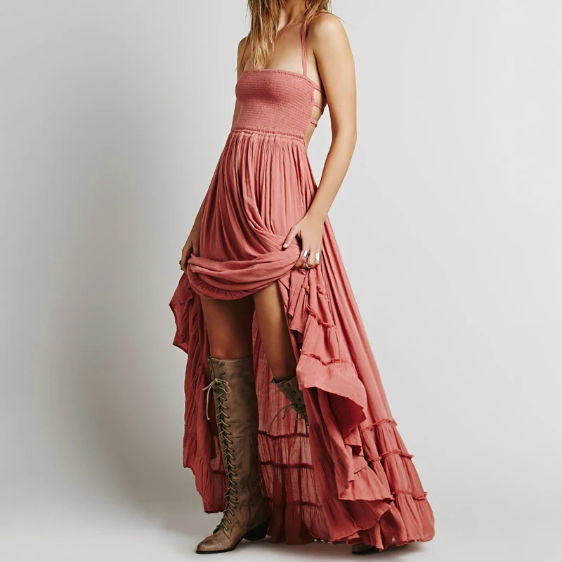 Женское винтажное платье макси на бретелях Boho длинное однотонное вечернее с