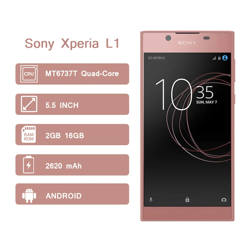 Sony Xperia L1 мобильного телефона 2 GB Оперативная память 16 Гб Встроенная память Android MT6737T Quad-Core 2620 mAh Qnovo Adaptive Charging 5," HD 720 p 4G мобильный телефон