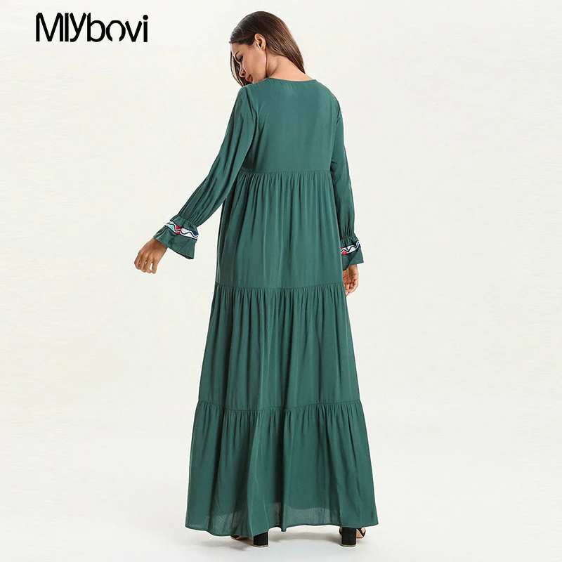 Abayas для женщин большие размеры костюмы 4XL Длинные Зеленые вышивка Макси