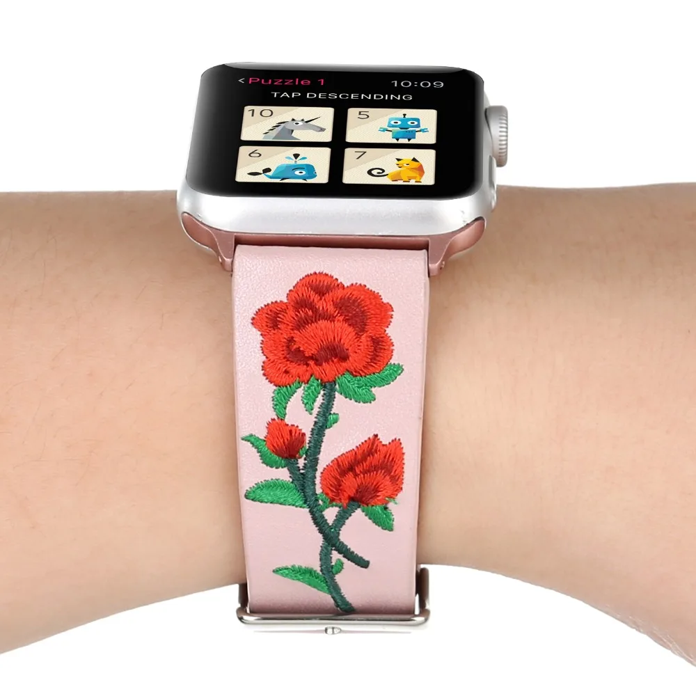 Ремешок с вышивкой розы для apple watch series 4 3 2 сменный Браслет из мягкой кожи iwatch