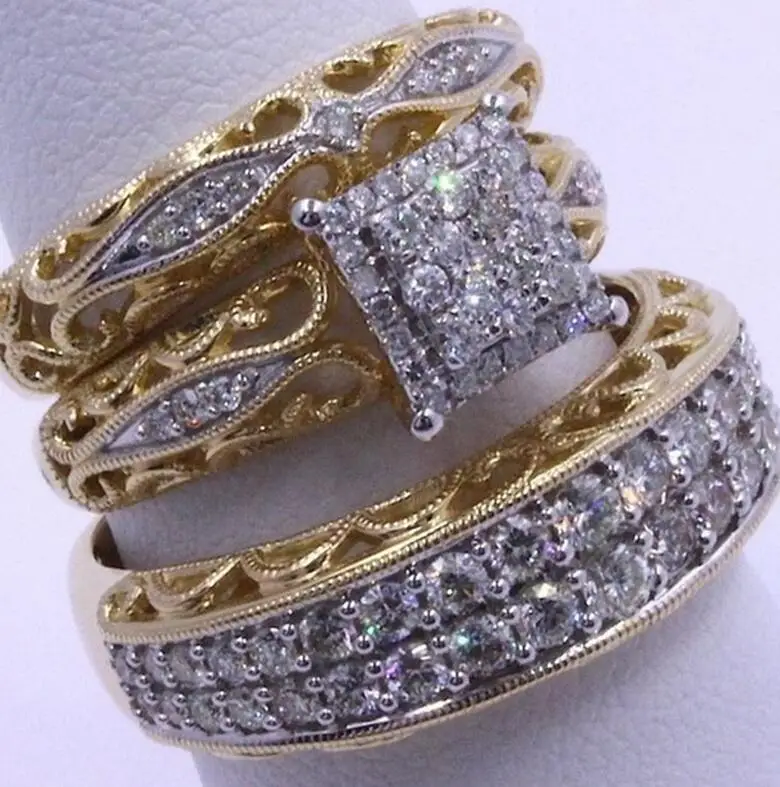 Gold Color Роскошный бренд 3 шт/набор золотого и серебряного цвета оправа на леске набор большой квадратный кубический циркон обручальное кольцо для мужчин женщин ювелирные изделия Z5M183 - Цвет основного камня: Gold Color