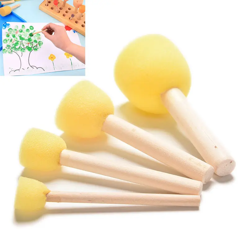 

4PCS Drawing Toys yellow Sponge Paint Brush Wooden Handle Painting Graffiti Kids DIY Doodle Toys Art Children's Painting Tool