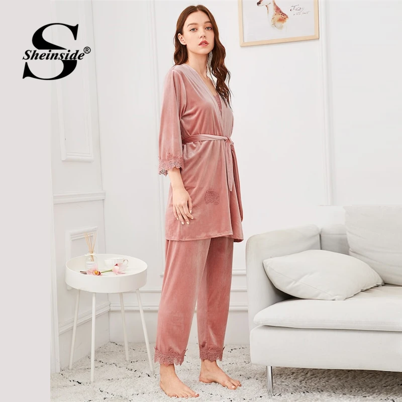 Sheinside, контрастный кружевной пижамный комплект на бретельках с рукавом 3/4, подпоясанный халат, весна, женские розовые пижамные комплекты, Пижамные брюки