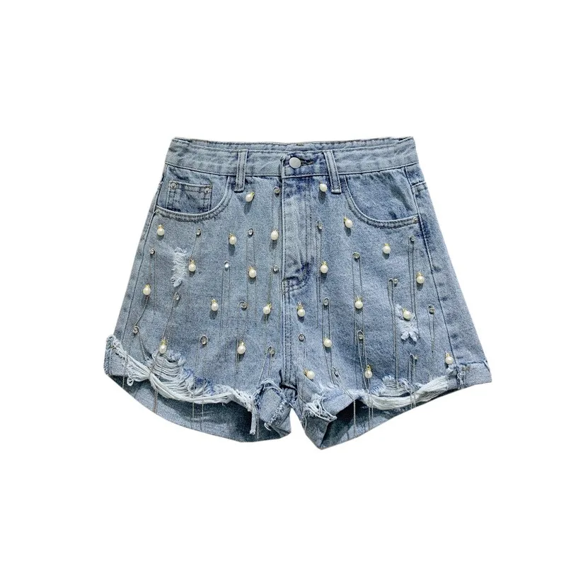 High Street Korean Summer Female Chain Tassel Embroidered Flares Wide Leg Shorts Waist Hole Ripped Fashion Casual | Женская одежда