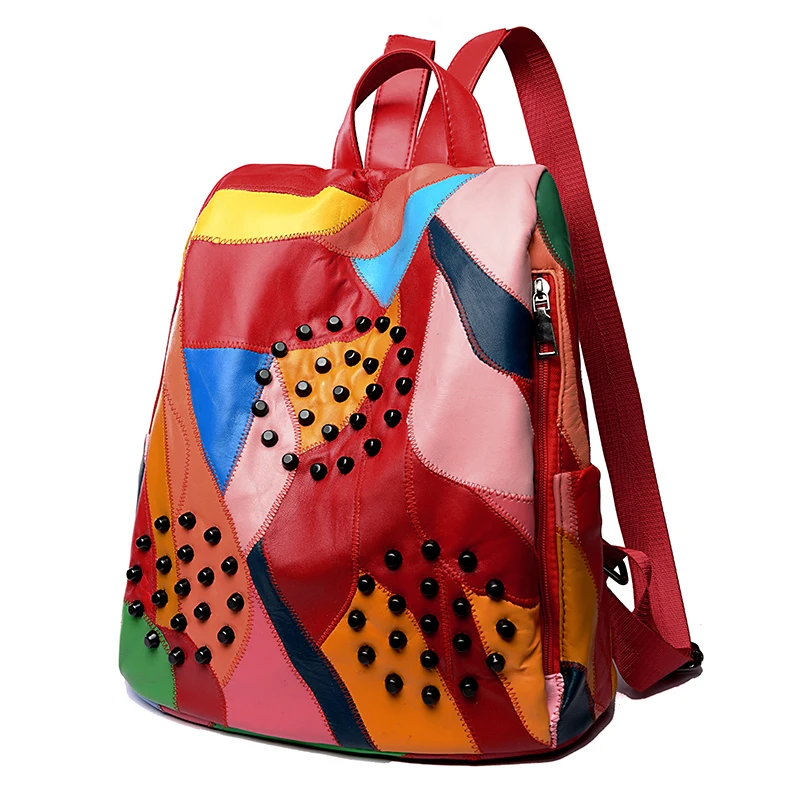 Красивый цветной дизайнерский женский рюкзак из овчины в стиле пэчворк