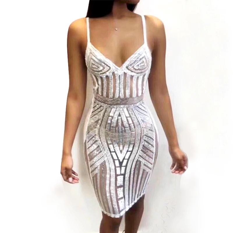 Платье женское летнее сексуальное прозрачное с блестками Сетчатое белое