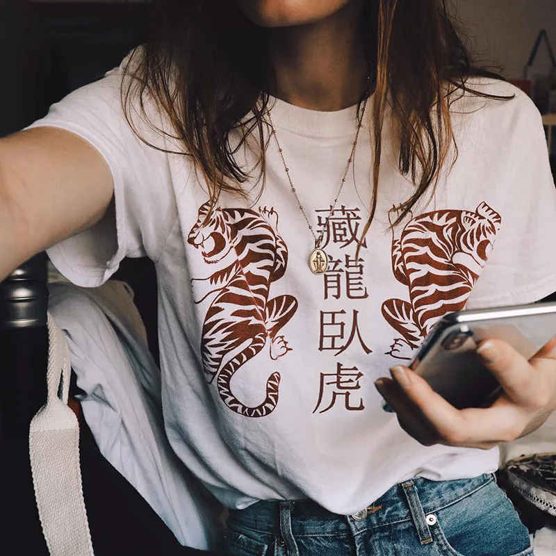 Tops Hot Tees Tiger Print Cotton T-shirt Women shirt Crouching Hidden Dragon Short Sleeve O-neck Casual Girls Top Shirt | Женская одежда