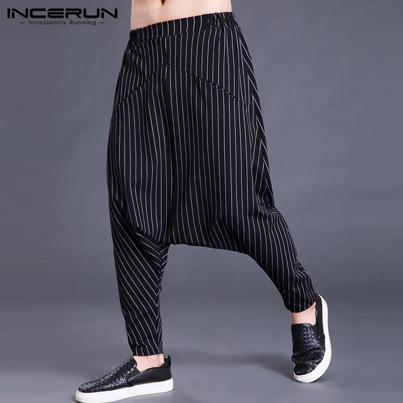 INCERUN Autumn Mens Harem Pants Elastic Waist Stripe Pockets Casual Loose Drop Crotch Trousers Men Streetwear Hip-hop Pants