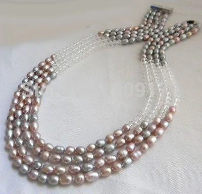 4Strands 17'' 7MM Rice Gray Lavender Freshwater Pearl Clear Crystal Necklace | Украшения и аксессуары