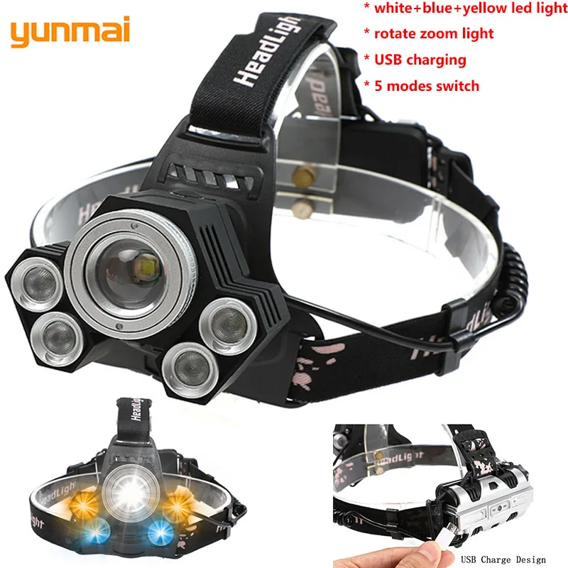 Yunmai свет 5 LED Масштабируемые Фары Синий рыболовная головка фонарик USB
