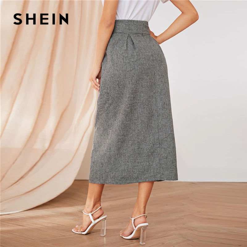 SHEIN пуговица Передняя плиссированная деталь поясом юбки женские лето осень высокая талия Прямые Твердые офисные женские элегантные длинные юбки