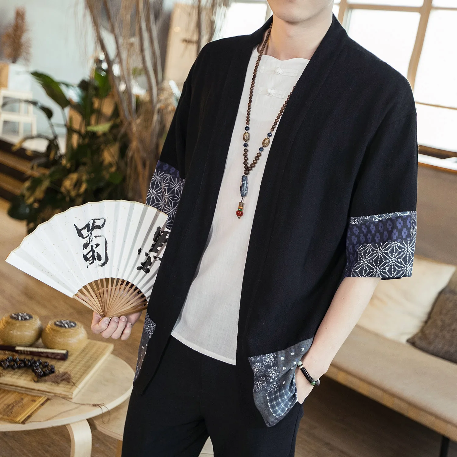 

Chinese gonfu 80s Style Kimono Men coat Half Sleeve Casual Streetwear Men jacket Man Linen Kimono jackets brand top Clothes