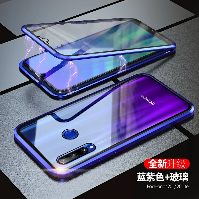 Роскошный встроенный магнитный адсорбционный металлический чехол для huawei Honor 20 Pro 20 Lite 20i 360 Полное покрытие Передняя Задняя крышка чехол из закаленного стекла - Цвет: Blue  HONOR 20 Lite