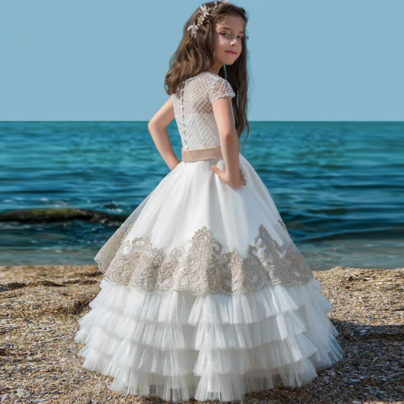 

Flower Girl Dresses Sleeveless Lace Applique Cascading Girls Pageant Beaded Belt First Holy Communion Party Dresses