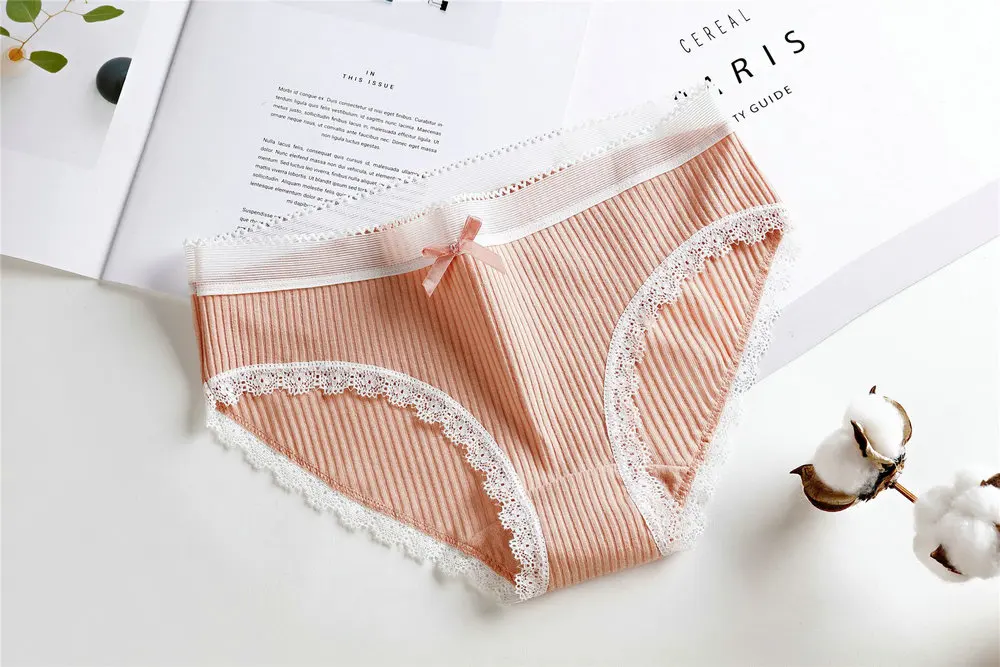 3 шт. женские хлопковые трусы с кружевом в полоску | Женская одежда