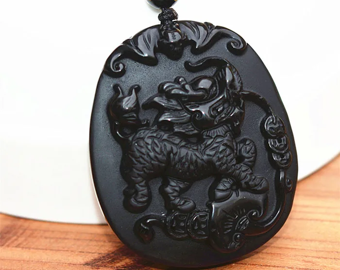 Черный обсидиановый каменный кулон китайский бог зверь Кирин ожерелье удачный