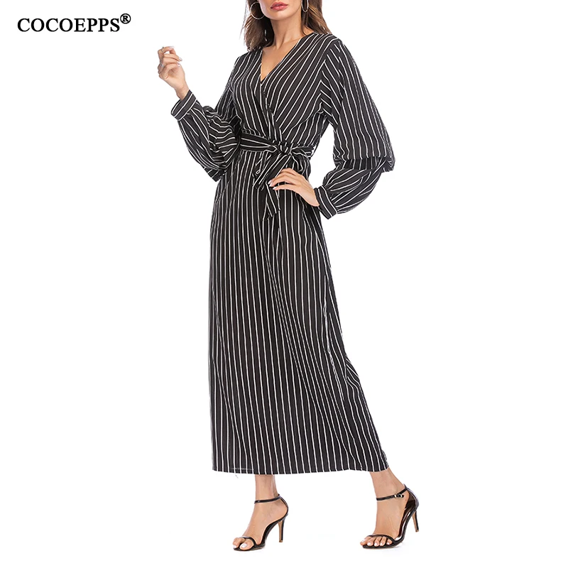 Женское платье-макси в полоску зимнее длинное платье-рубашка большого размера с