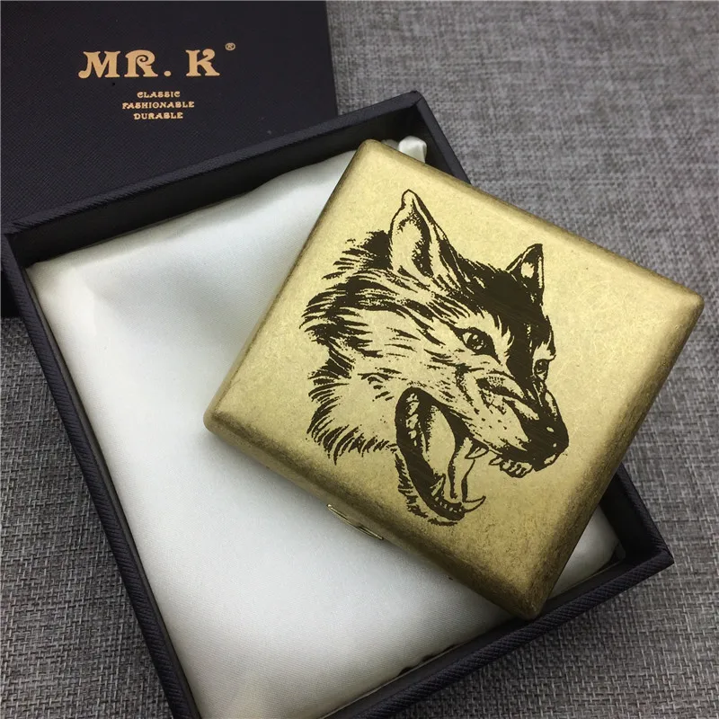 MR. K HW101 Винтажный стиль латунный чехол для сигарет Мужской портативный сигаретный ящик лазерный резной волк Тотем курительный аксессуар