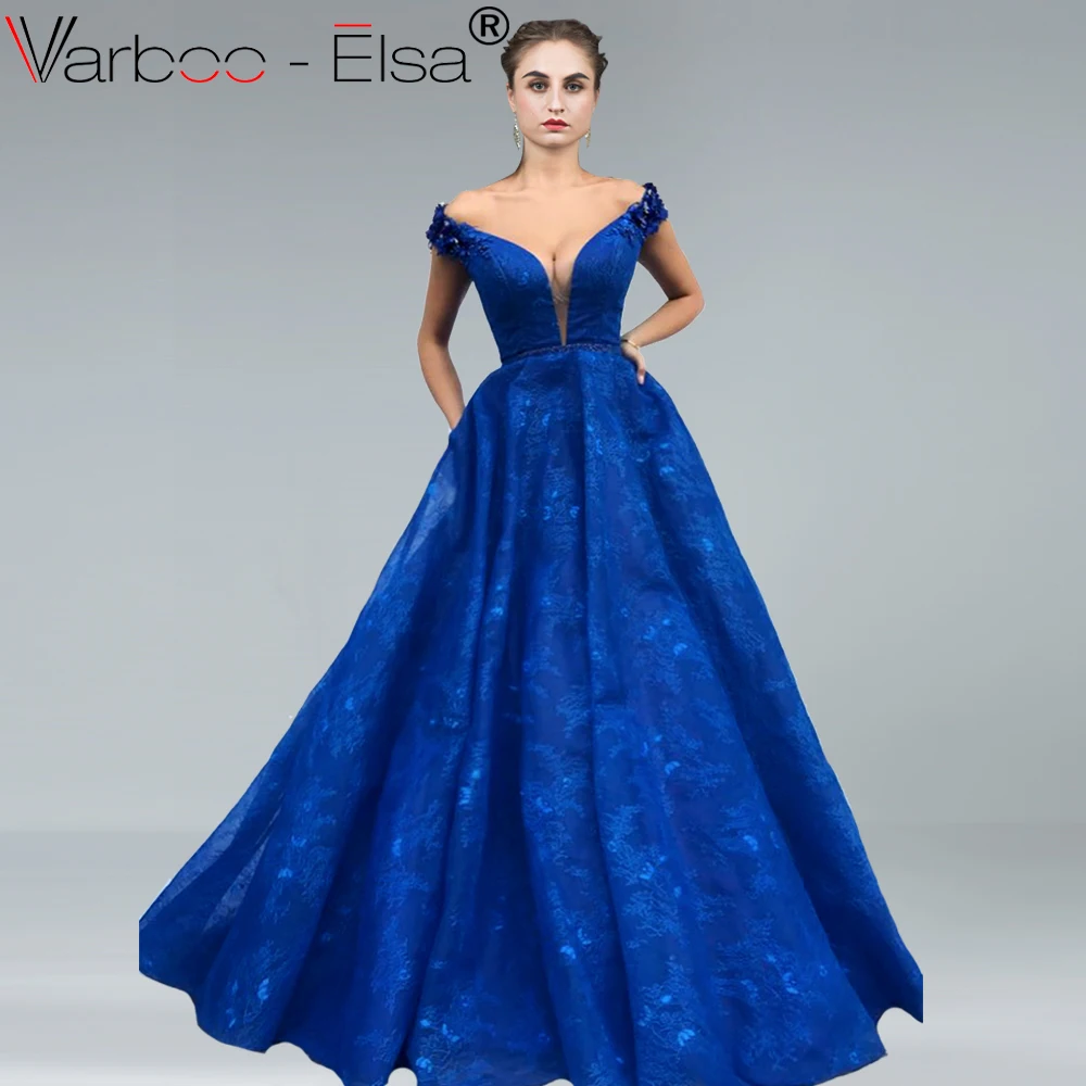 VARBOO_ELSA Королевское синее кружевное длинное торжественное вечернее платье для