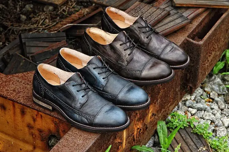

Shoes Men Carved Brogue Lace Up Genuine Leather Dress Shoes Smart Casual Low Heel Vintage Patchwork Handmade luxury Shoes