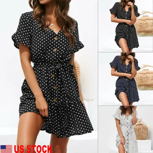Летние Новые повседневные женские сексуальные с v-образным вырезом Boho Button Dress Dot