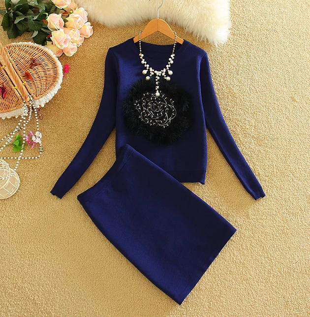 Верно животных шерстяной вязаный свитер юбка костюм с длинным рукавом о женщины