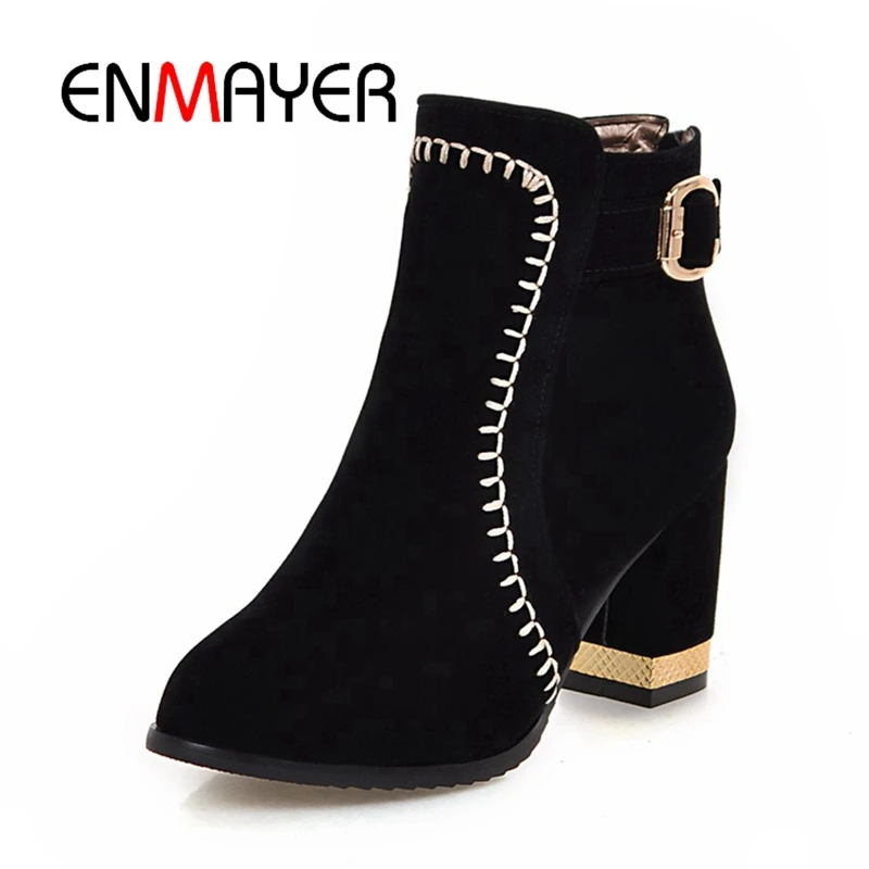 ENMAYER Woman Ankle Boots Casual Shoes Suede Footwear Square Toe Autumn Winter High Quality Fashion CR474 | Обувь