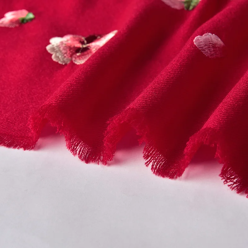 Châles en laine brodés de fleurs et enveloppes, écharpe 100% laine pour femmes, hiver automne luxe Bufandas chaud Pashmina rouge