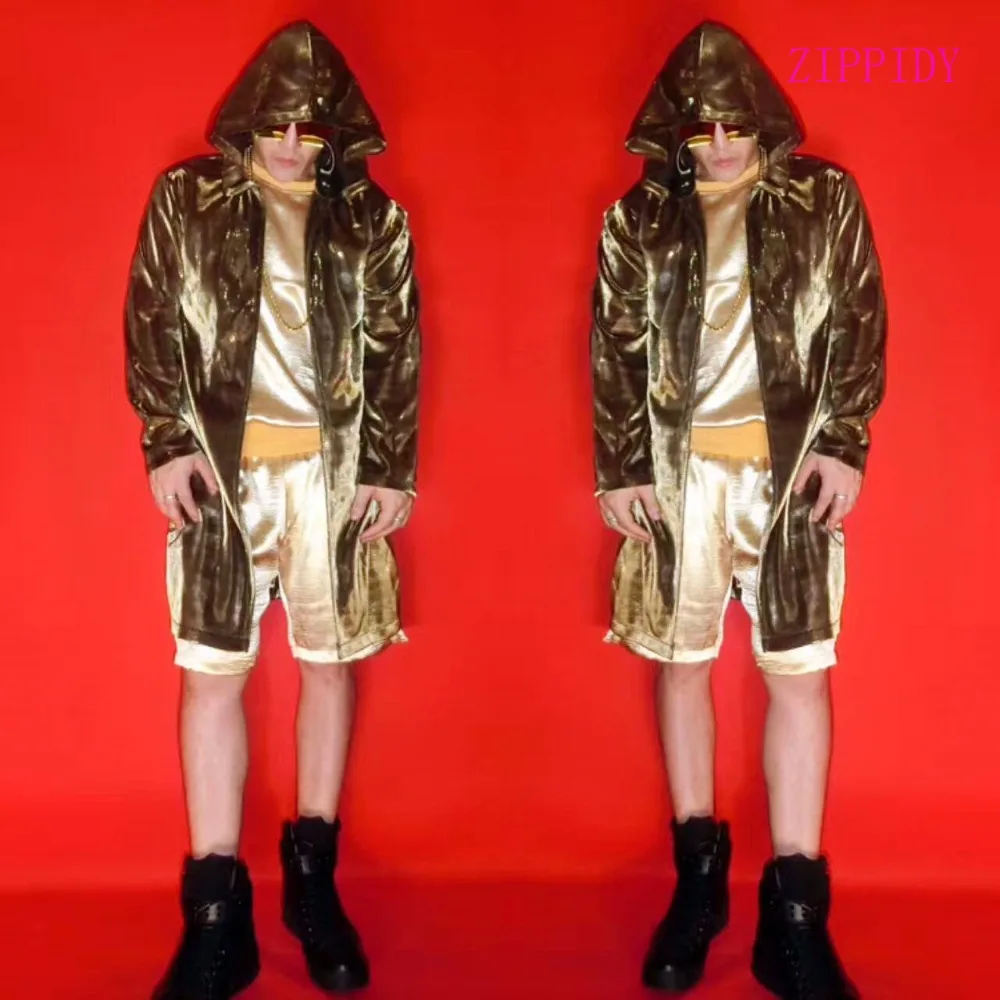 Модный мужской золотистый длинный Стильный плащ с капюшоном жилет короткий