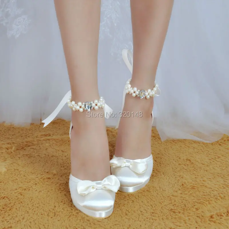 Ivory White Women Bridal Wedding Shoes Bride Ankle Strap High Heels Platform Woman Ladies Satin Dress Pumps Closed Toe | Обувь