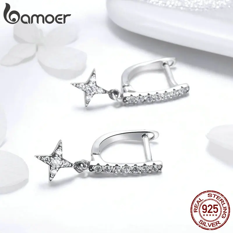 BAMOER, 925 пробы, серебряные, с мерцающей звездой, геометрические, висячие серьги для женщин, светящиеся, CZ, модные серьги, ювелирное изделие, SCE446