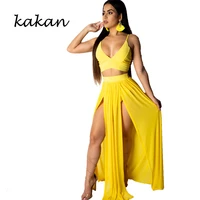 kakan summer new womens dress two piece sexy high slit chiffon harness dress yellow black rose red dress