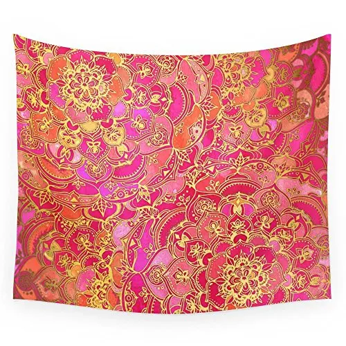 Ярко-розовый и золотистый настенный гобелен в стиле барокко с цветочным узором