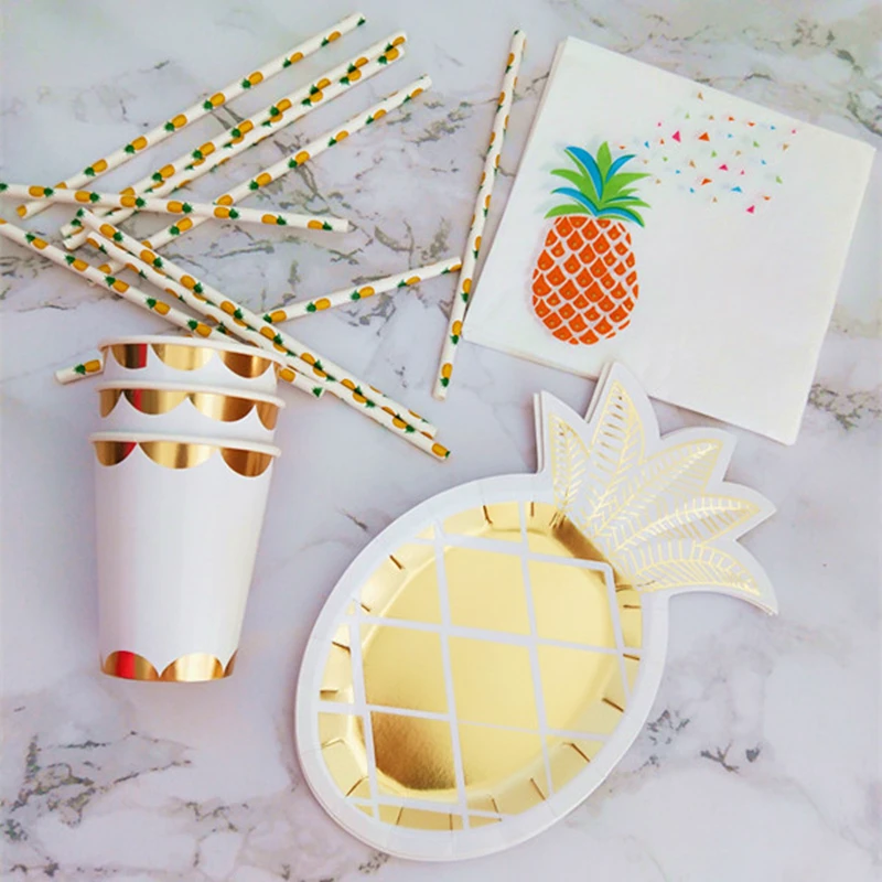 8 комплектов фольги золотые ананасовые бумажные тарелки и стаканы салфетки