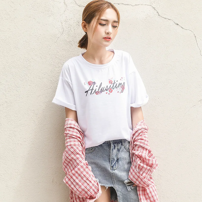 Летние футболки с принтом буквами Футболка свободно плюс ярдов женские Короткие