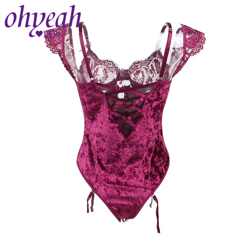 Женское боди с открытыми плечами Ohyeahlover бархатное Сетчатое кружевами и рукавами