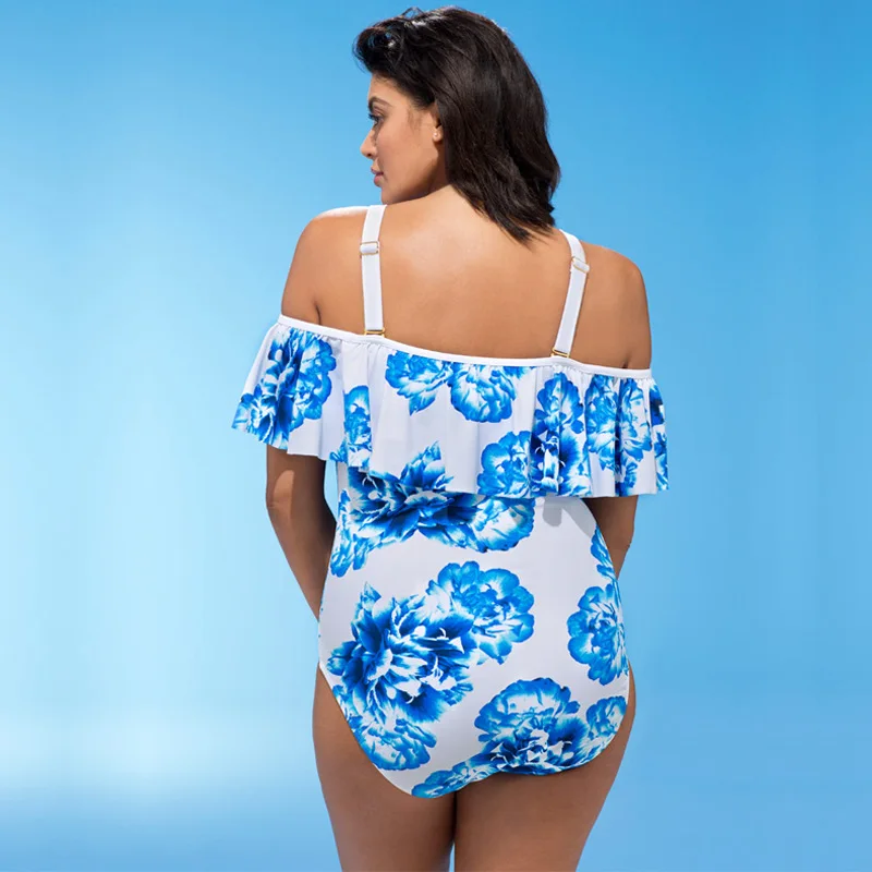 Женский купальник с открытыми плечами бикини оборками и цветочным принтом