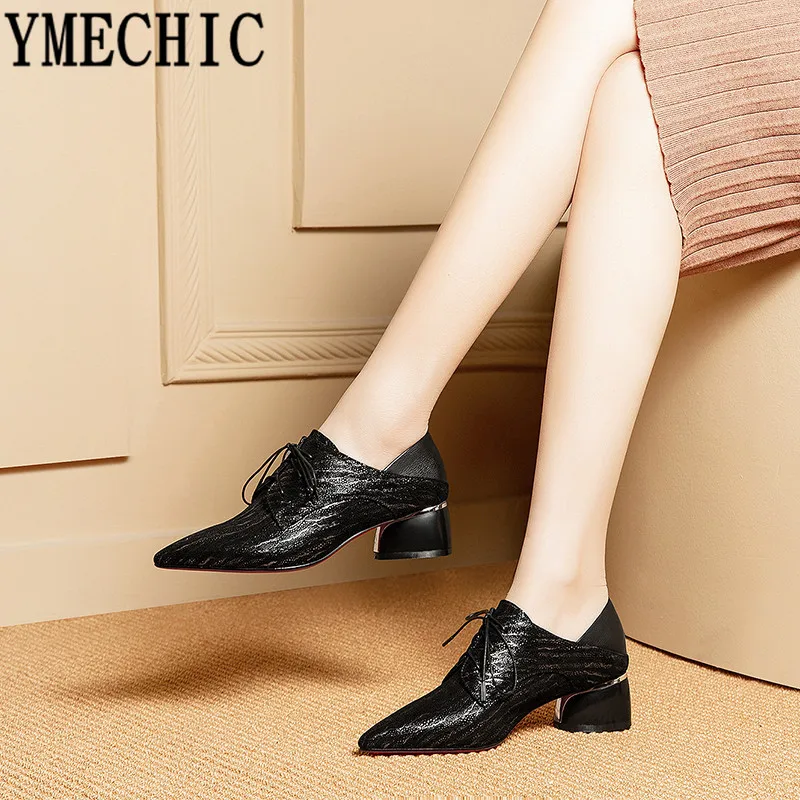 Женская офисная обувь YMECHIC из натуральной овечьей кожи в полоску черные туфли