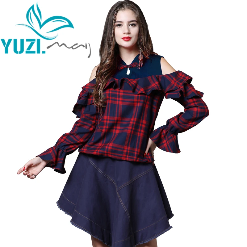 Blouse Women 2018 Yuzi.may Boho New Cotton Women Blouses Stand Collar Flare Sleeve Off Shoulder Top Shirt Women B9265 Blusa