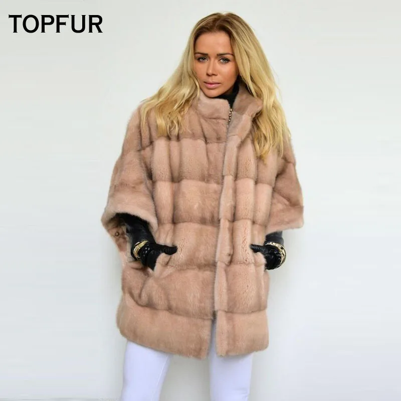 Женская шуба из натурального меха норки TOPFUR зимняя натуральной кожи с рукавом