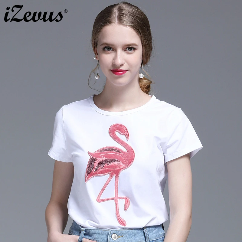 

IZEVUS 2019 new women's short-sleeved flamingo print round neck cotton short-sleeved T-shirt fashion ladies shirt